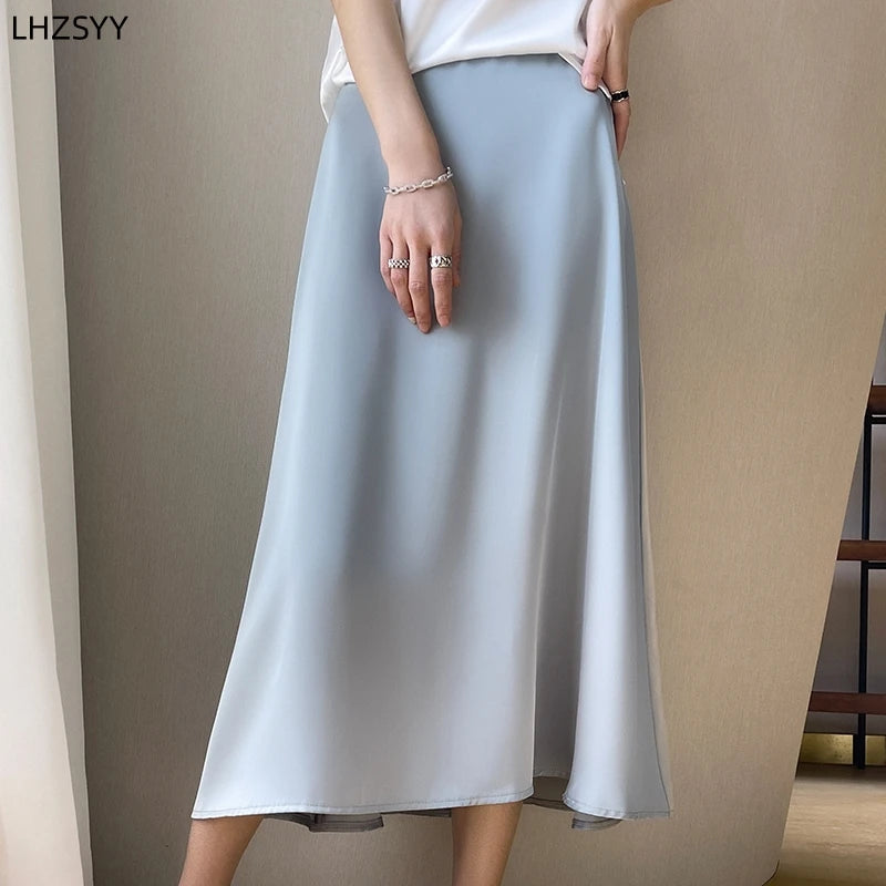 LHZSYY Silk Satin A-Word Big Swing Skirt' Ladies New High-Waist Hip Long Skirt 2024Summer Fashion Solid Wild Mulberry silk Skirt