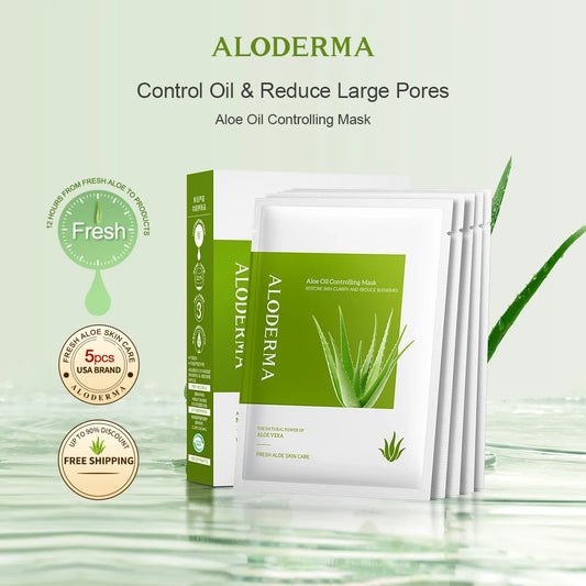 ALODERMA Aloe Oil Controlling Facial Sheet Masks, Gently Clear Skin-Set Of 5pcs Organic Aloe Vera Face Mask For Acne Prone Skin