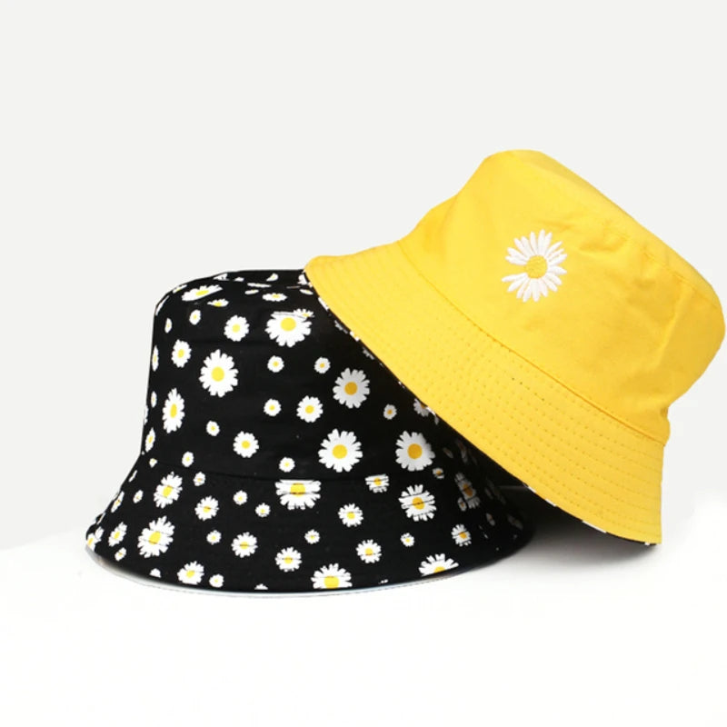 Summer Daisy Double-Sided  Bucket Hats Women's Embroidery Hip Hop Panama Bob Caps Folded Beach Sun Fisherman Hat For Ladies