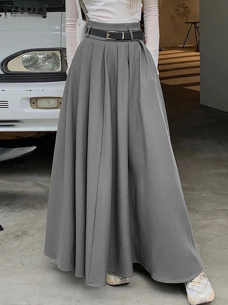 ZANZEA Women High Waist Jupe Korean Pleating Swing Skirt Vintage Fashion 2024 Spring Office Falda Holiday Loose Solid Long Skirt