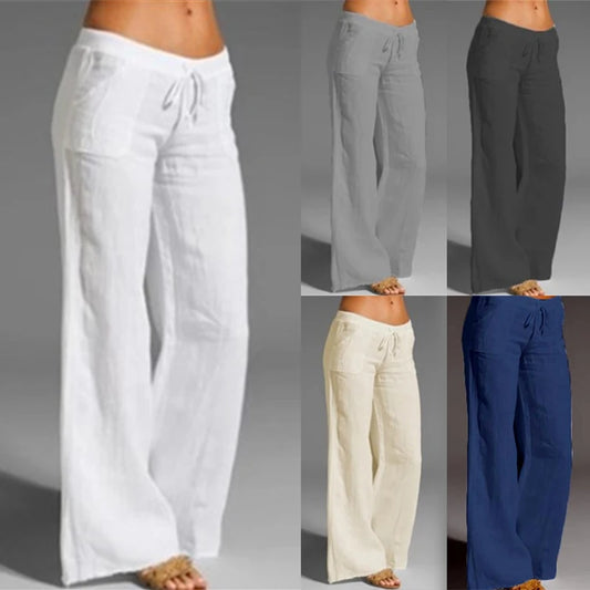 Women Cotton Linen Pants Vintage Wide Leg Pants Palazzo Fashion Long Trousers Loose Solid Elastic Waist Thin Soft Pantalon 5XL