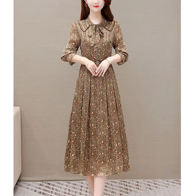 Elegant Peter Pan Collar Printed Belt Folds Lace Up Bow Midi Dress Women Clothing 2023 Autumn New Loose Office Lady Floral Dress
