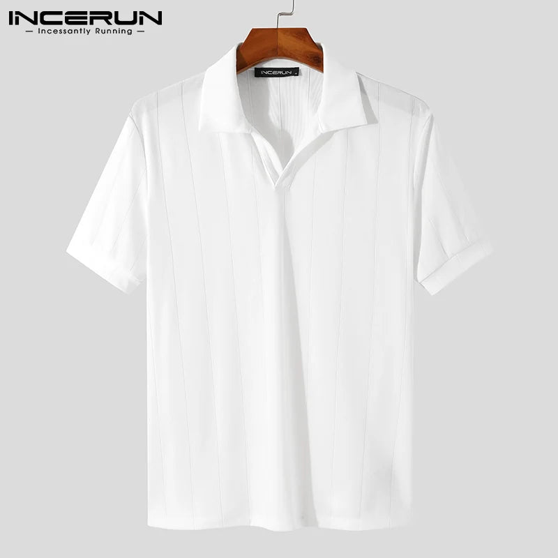 INCERUN 2024 Men Shirt Lapel Short Sleeve Streetwear Solid Color Fitness Casual Men Clothing Korean Style Leisure Shirts S-5XL
