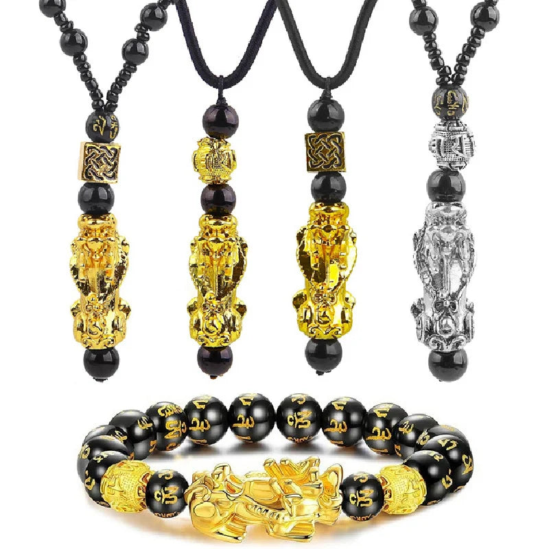 3Pcs/Set Pixiu Bracelet Ring Necklace Feng Shui Buddhist Obsidian Bead Bead Bracelet Men's Women Wealth Good Luck Accessories