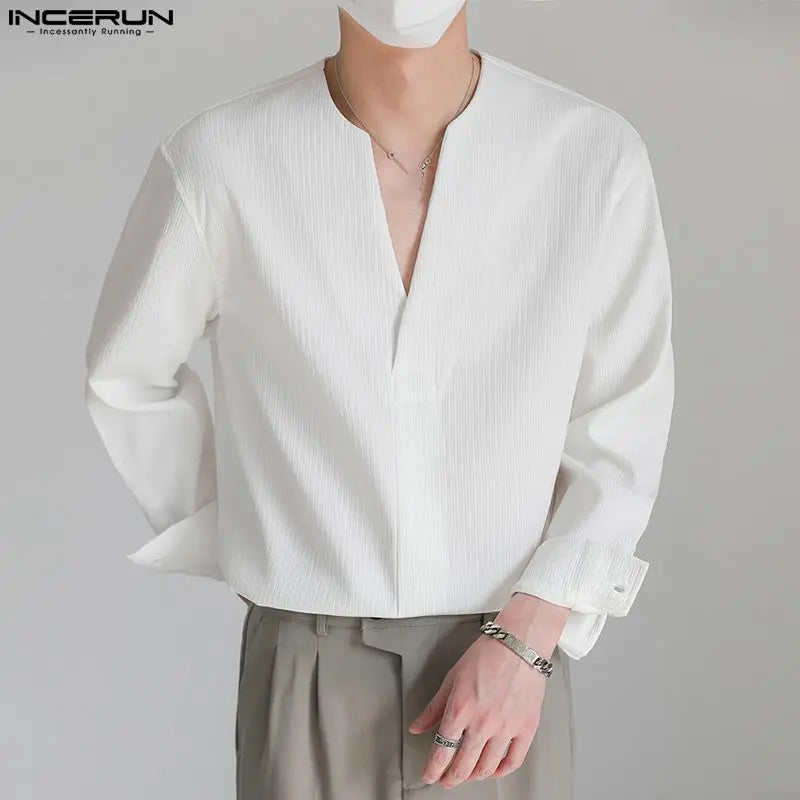 2023 Fashion Men Shirt Solid Color Loose V Neck Long Sleeve Men Clothing Streetwear Korean Style Casual Shirts Men S-5XL INCERUN