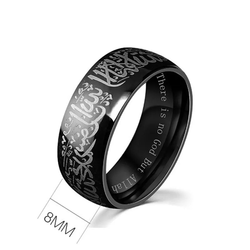 8mm Stainless Steel Muslim Ring with Shahada in Arabic & English Islamic Jewelry for Men Women Size 6-13
