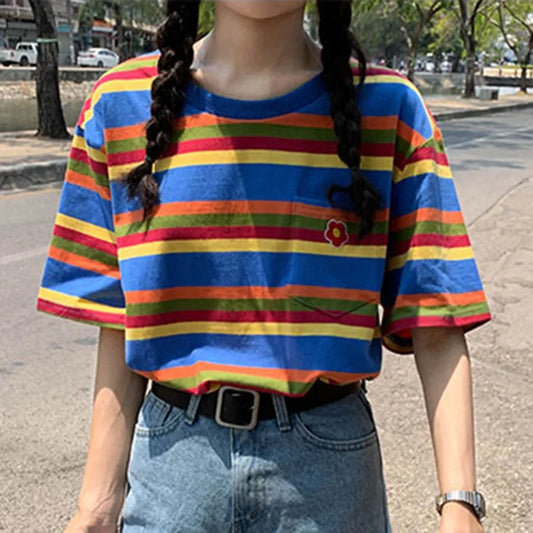 Rainbow Striped T Shirts Loose Tee Women Crewneck Colorful Stripes Tee Tops Casual