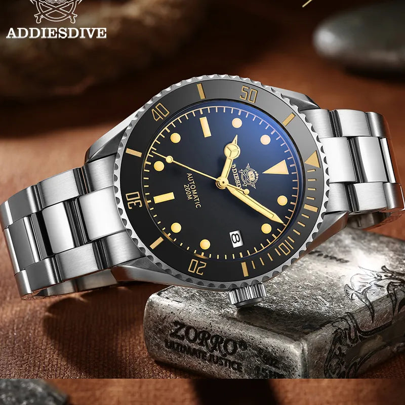 ADDIESDIVE Business Vintage Leather Wrist Watch Waterproof Automatic Mechanical Steel Watch Man European American Casual Watch