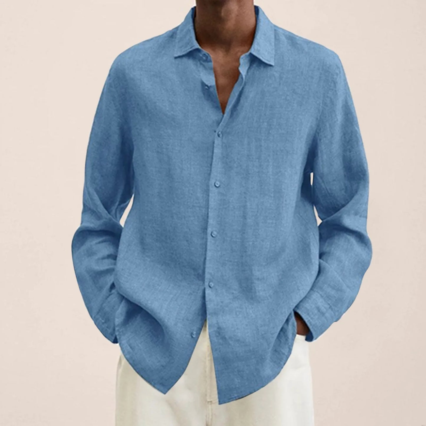 Pure Blue Cotton Linen Shirt Tops Casual Plus Size Loose Shirt Mens Turn Down Collar Long Sleeve Men‘S Work Breathable Cardigan