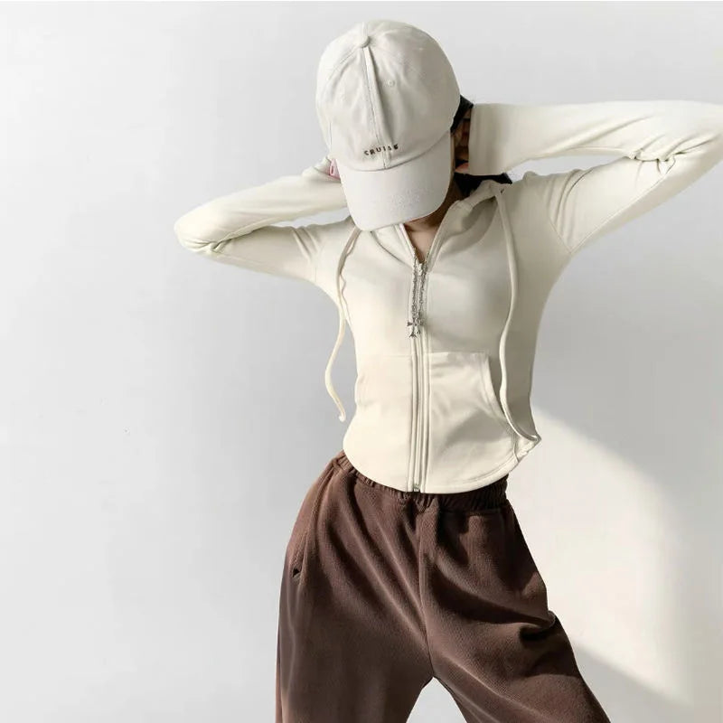 Autumn Solid Cardigan Hoodies Zipper Tops Women Korean Spring Slim Long Sleeve Hooded Short Coat Y2k Vintage Student Sweatshirt