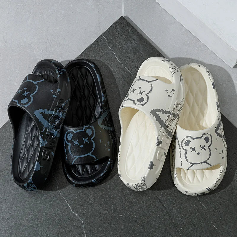 Trendy Cartoon Printed Soft Soled Slippers for Men Summer Women's Sandals Bathroom Non-Slip Couple Shoes Flip Flops
