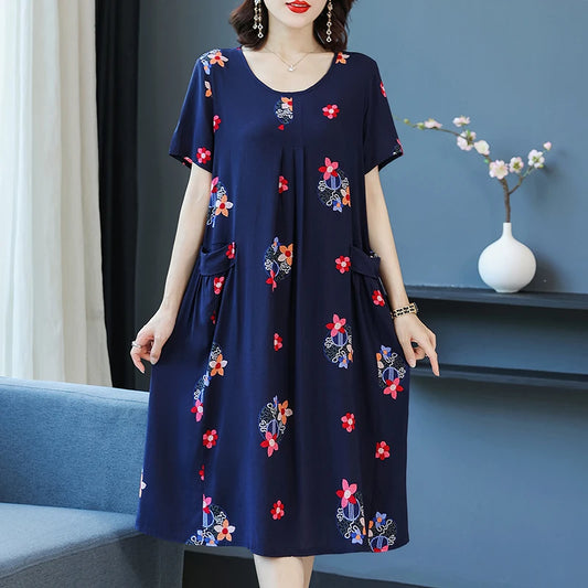2023 New Arrival Summer Floral Dress Woman Loose O-neck Casual Short Sleeve Sundress Vintage Dresses for Women Clothing