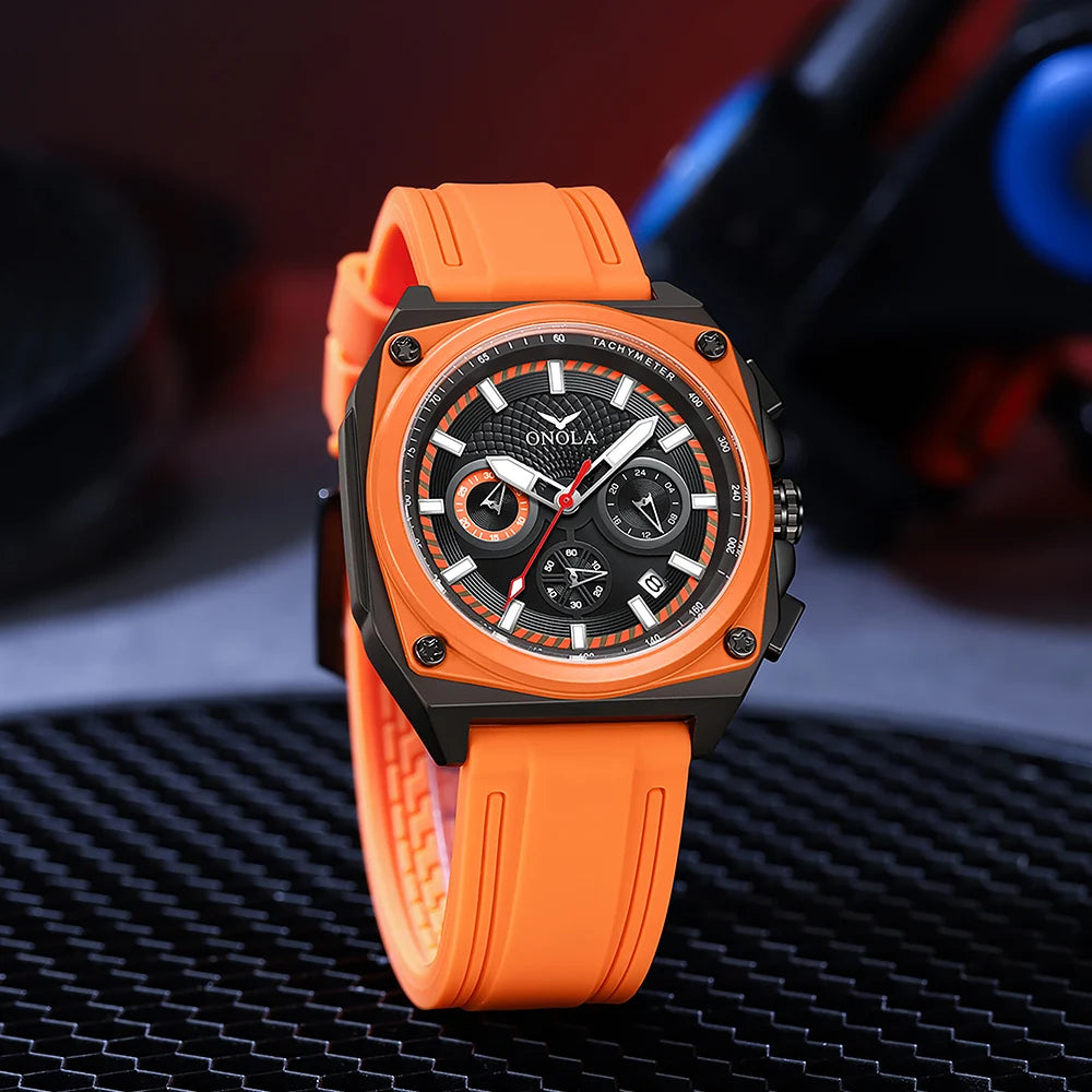 2024 New Fashion Square Multi Color Design Men's Watch ONOLA Multi Functional Silicone Tape Waterproof Casual Watches