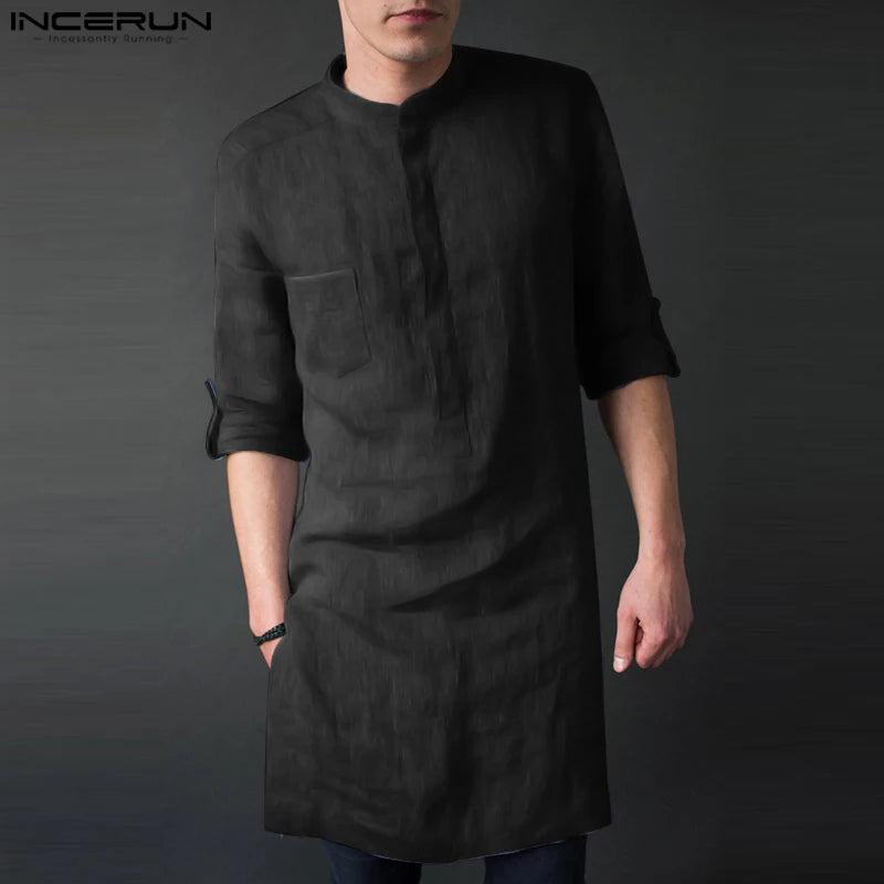 INCERUN Men Shirt Solid Color Stand Collar Long Sleeve Loose Vintage Casual Men Clothing Streetwear Retro Male Long Shirts 2024