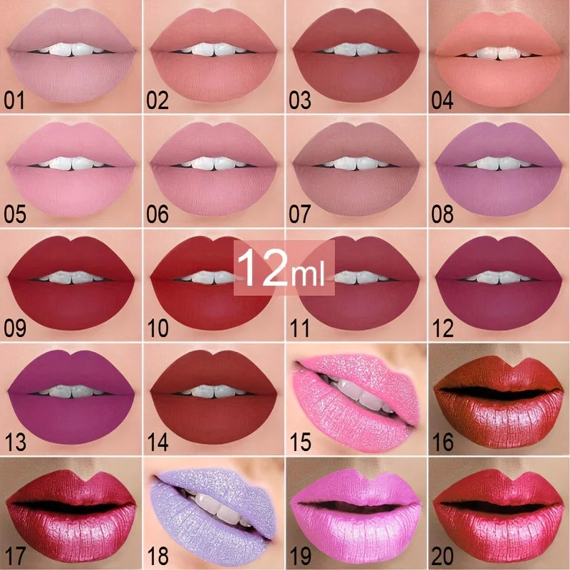 20 Colors Matte Velvet Lip Gloss Waterproof Lipstick Long Lasting High Pigment Soft Texture Easy To Color