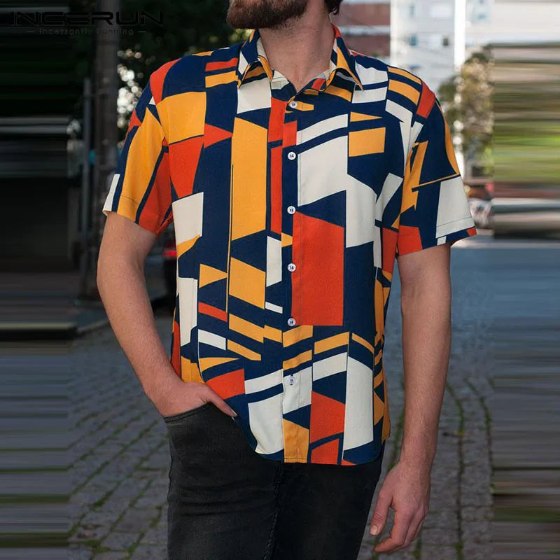 Men Hawaiian Shirt Geometric Printed Lapel Short Sleeve Streetwear Summer Casual Shirts 2024 Vacation Men Clothing S-5XL INCERUN