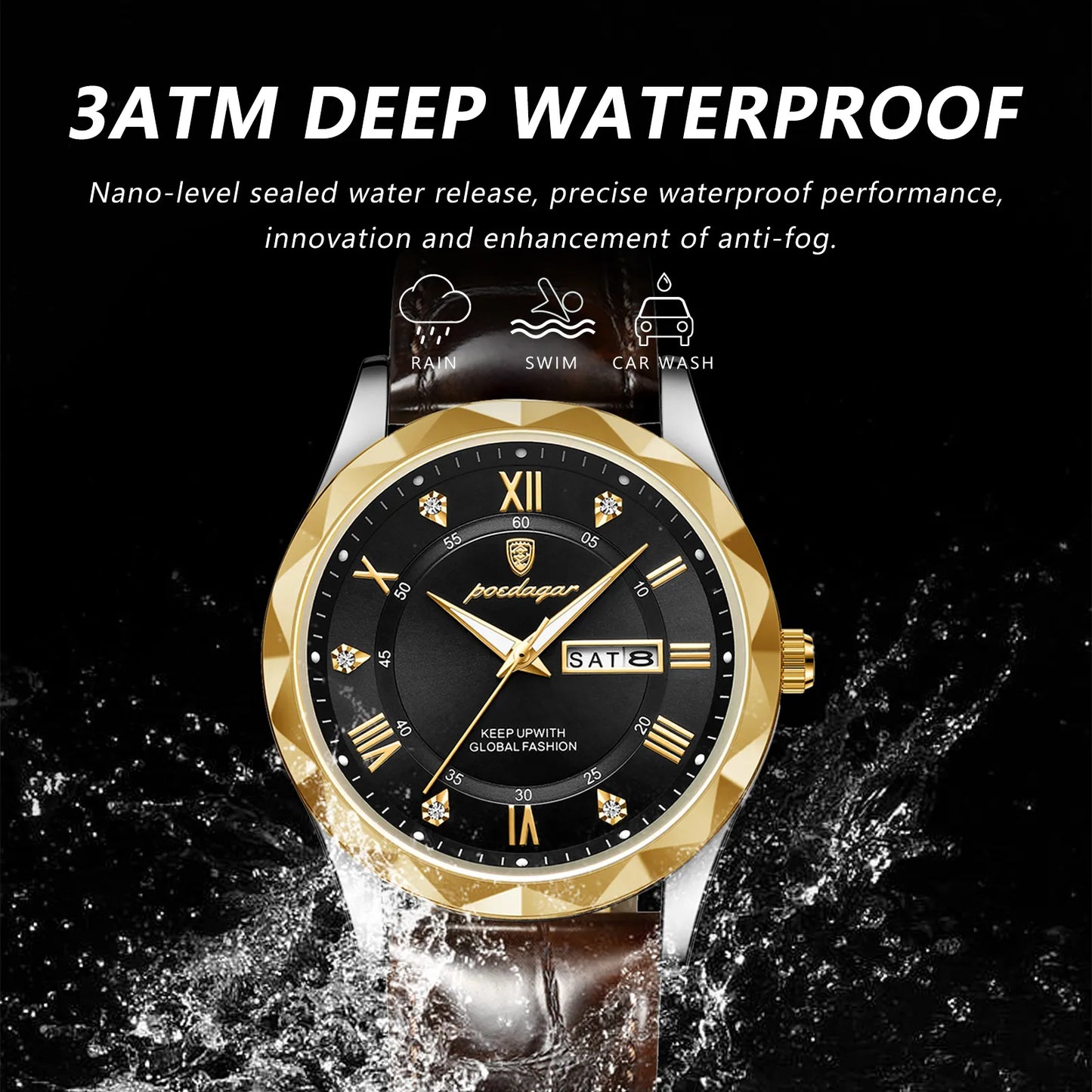 POEDAGAR Luxury Business Man Wristwatch Waterproof Luminous Date Week Men Watch For Men Quartz Clock Leather Men's Watches reloj
