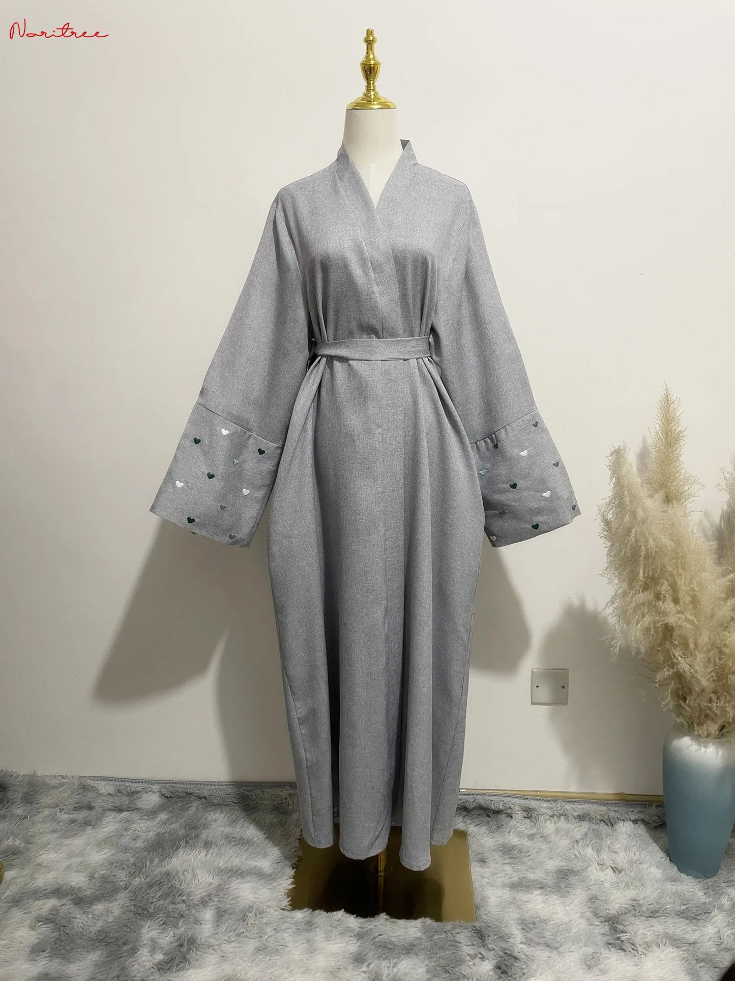 Love Embroidery Kimono With Belt Oversized Muslim Robe abaya syari female full length Muslim abaya Worship Service abayas wy1926