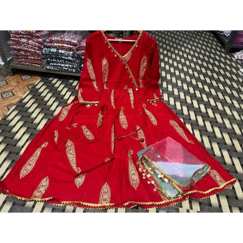 Red V-neck Anarkali Gown Kurti Pants Dupatta Indian Diwali Dress for Women