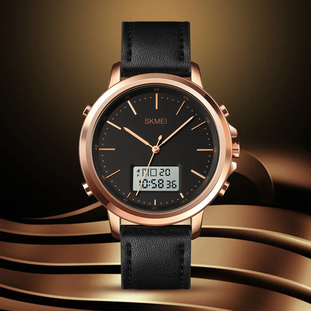 SKMEI 1652  Leather Strap Waterproof Watch reloj hombre Dual Display Casual Watches Men Chrono Alarm Digital Mens Wristwatch