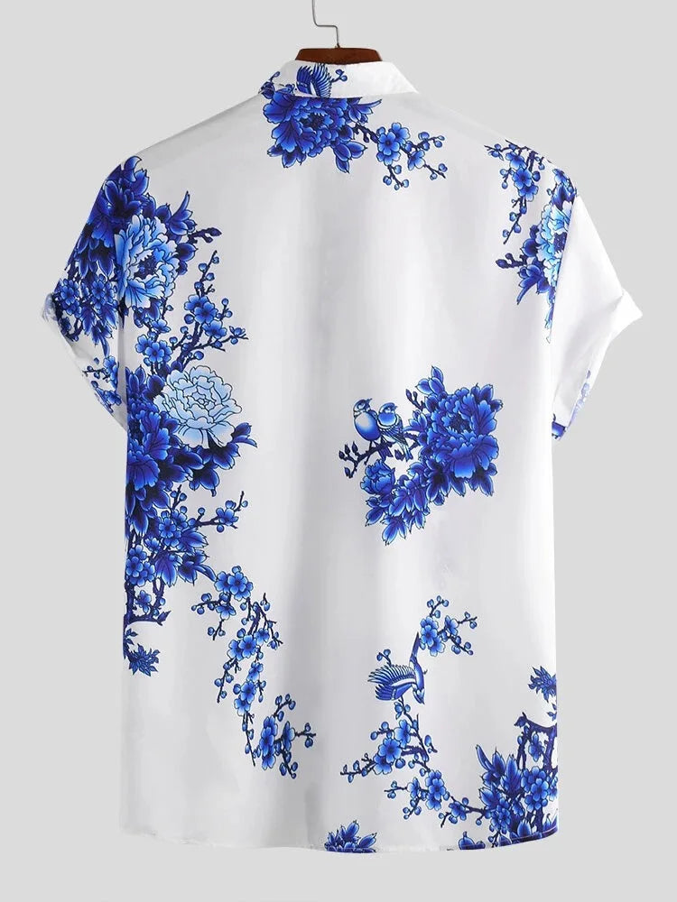 European and American Men's Printed Shirt Southeast Asian Casual ink Painting Plum Blossom Short Sleeved Lapel Shirt S-3XL