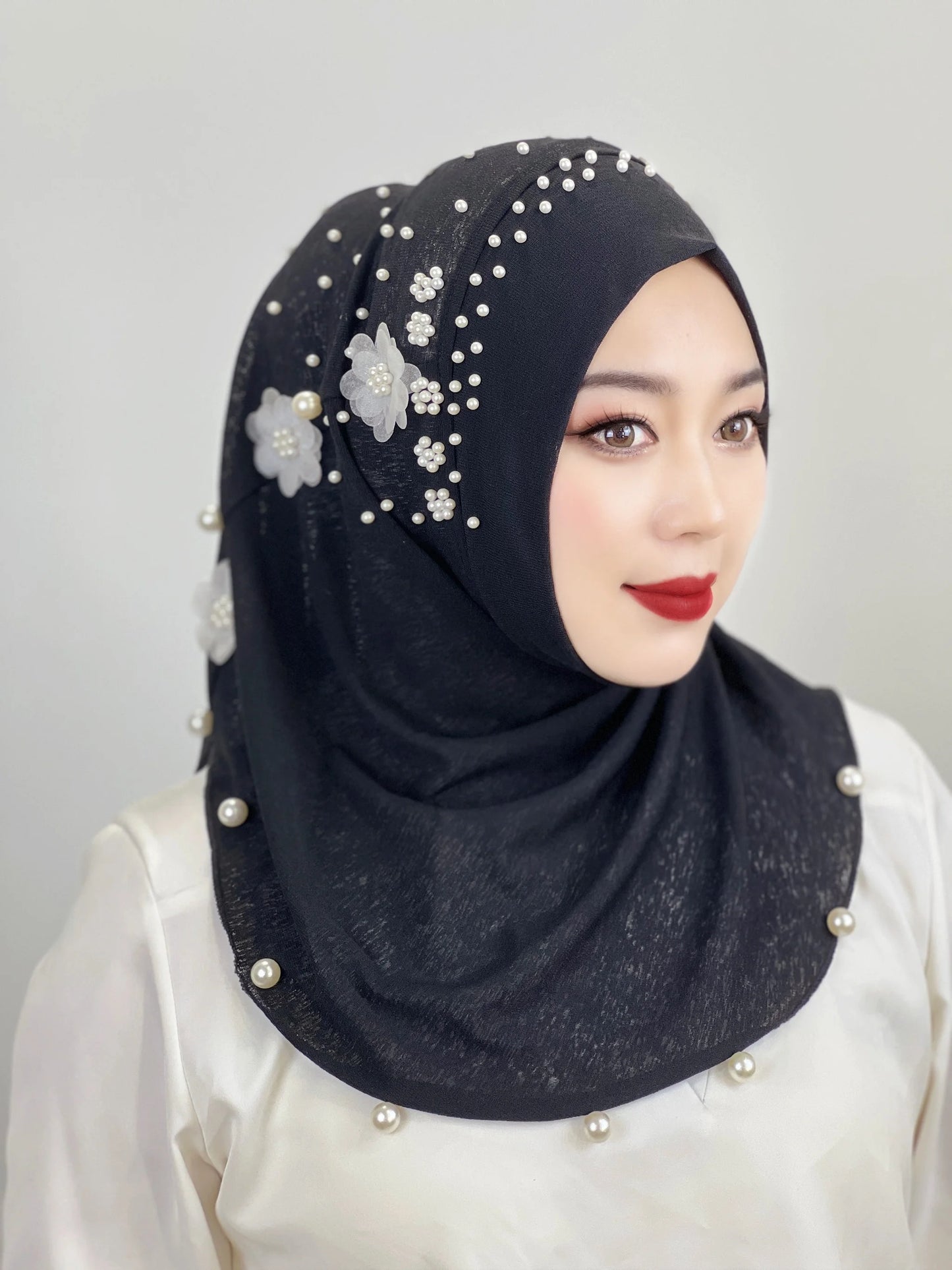 Muslim Beaded Hijab Adult Solid Color Hat Soft Hat with Flowers Female Hijab Shawl Wrap Buni Amira Style Arab Hijab Turkey