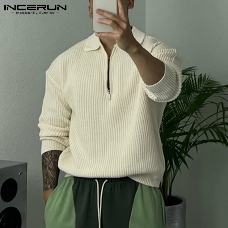 INCERUN Men Shirt Solid Color Lapel Long Sleeve Zipper Streetwear 2024 Casual Men Clothing Knitted Leisure Sweaters Tops S-5XL