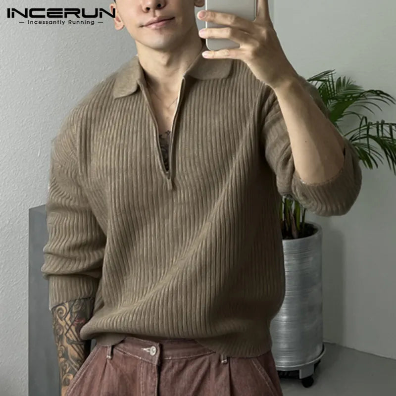 INCERUN Men Shirt Solid Color Lapel Long Sleeve Zipper Streetwear 2024 Casual Men Clothing Knitted Leisure Sweaters Tops S-5XL