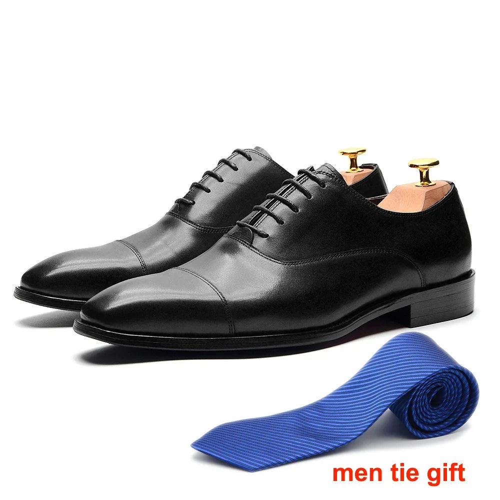 2024 Classic Genuine Leather Men's Dress Shoes Black Brown Cap Toe Lace-Up Oxford Company Business Office Formal Shoes for Men