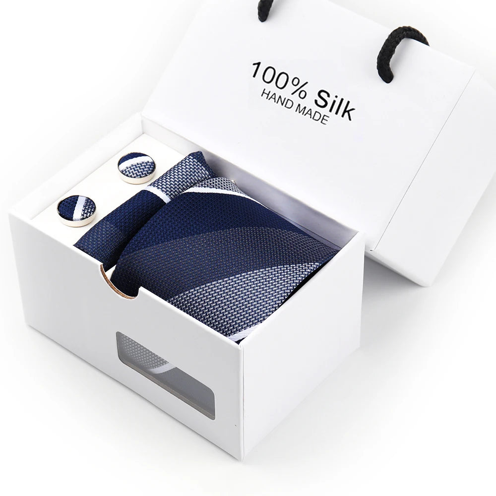 Luxury Ties Set Gift Box Striped 100% Silk Neck Tie Pocket square Cufflinks Set For Mens Classic Party Wedding Men Accessories