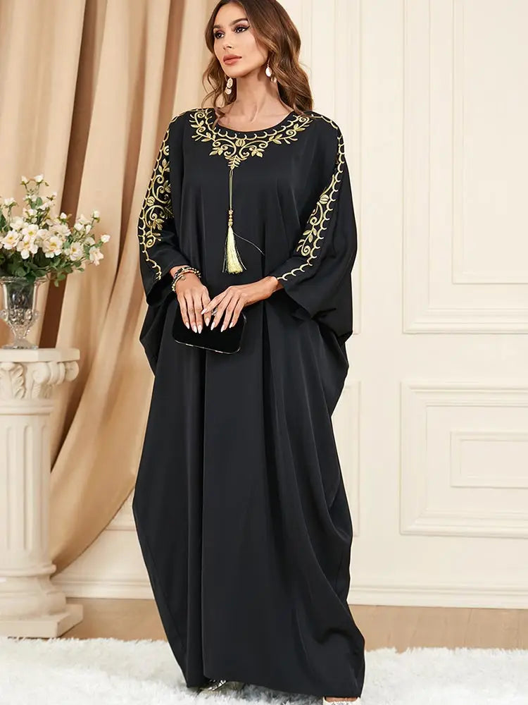 Muslim Floral Golden Embroidery Casual Abaya Long Sleeve Batwing Sleeve Tassel Dress Moroccan Dubai Abaya Women Robe Dubai Abaya