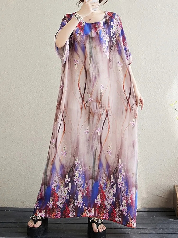 short sleeve oversized vintage floral new in dresses for women casual loose maxi long summer dress elegant clothing 2024