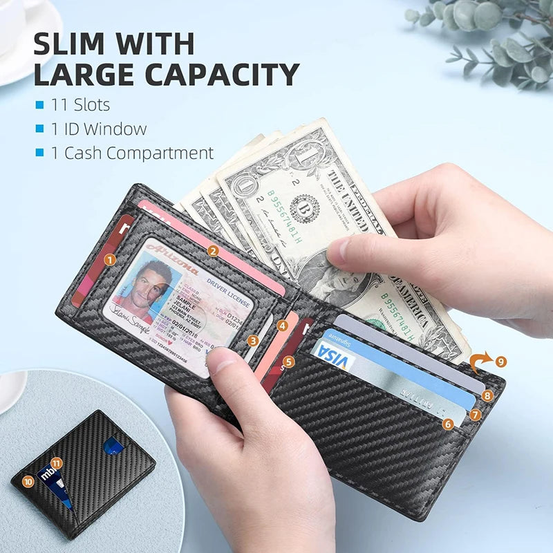 Men's Wallet Ultra Thin 11 Credit Card Slot Leather RFID Blocking Small Thin Bifold Wallet for Men