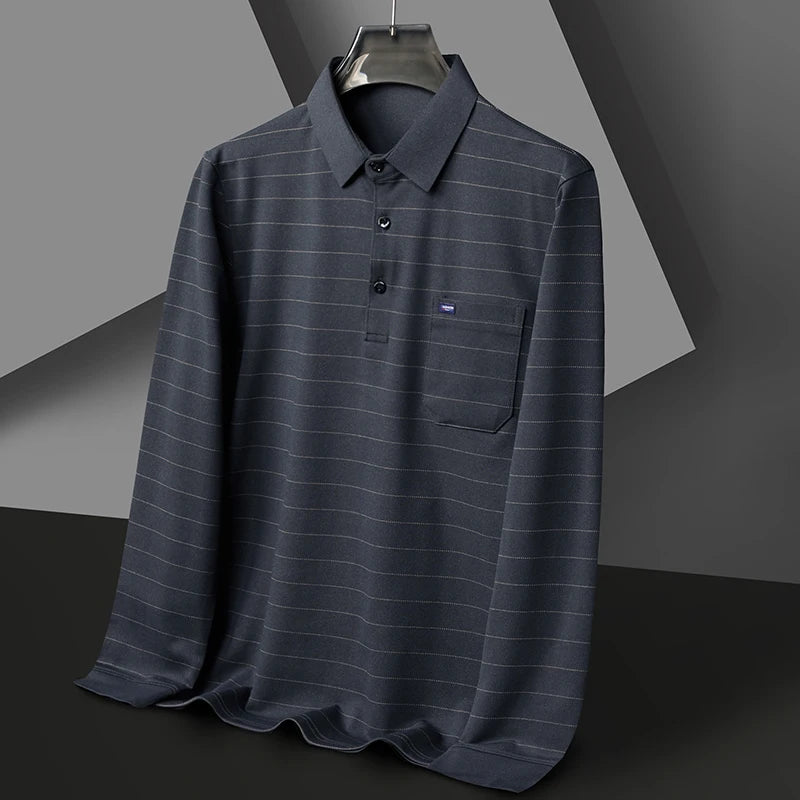 New Korean Mens Long Sleeve Tshirts Fashion Breathable Business Tops Spring Anti-wrinkle Striped Polo Shirt Men