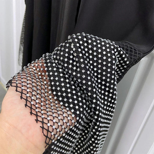 Muslim Ramadan Eid Black Open Kimono Abaya Elastic Drilling Net Shalwar Kameez Casual Loose Moroccan Gulf Women Robe