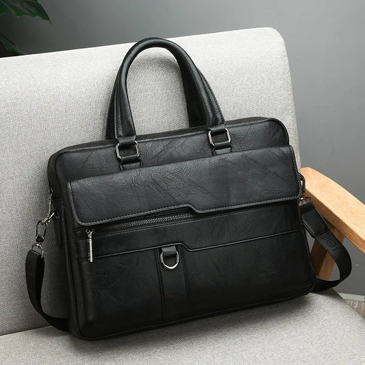 Luxury Briefcase for Men PU Leather Office Handbag Laptop Vintage Shoulder Business Messenger Crossbody Side Portafolio Bag