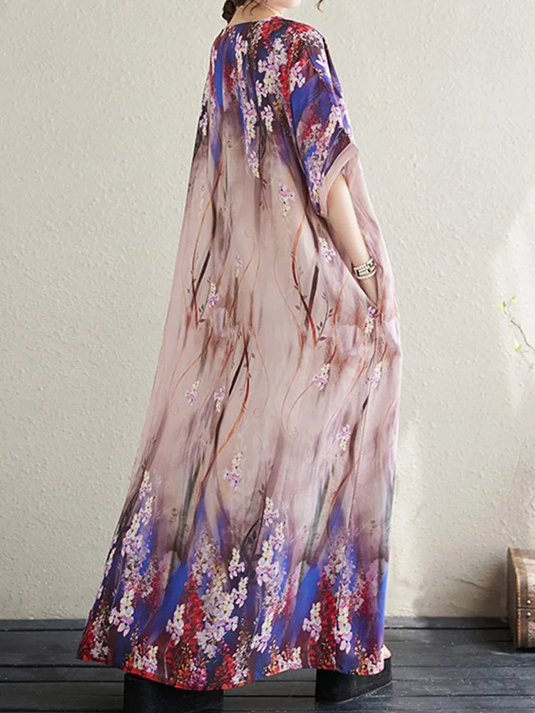 short sleeve oversized vintage floral new in dresses for women casual loose maxi long summer dress elegant clothing 2024