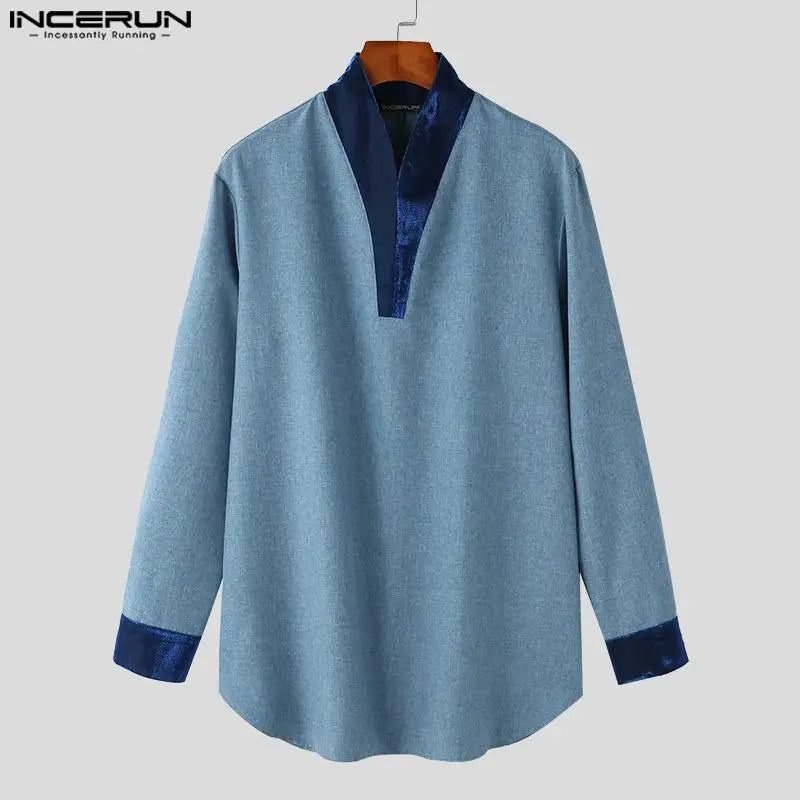 INCERUN Tops 2024 Muslim Style Hot Sale Mens Shirts Muslim Dual Color Patchwork Design Standing Collar Long Sleeved Blouse S-5XL