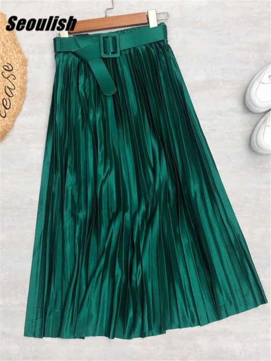 Seoulish 2023 New Solid Elegant Stain Women's Pleated Skirts with Belted High Waist Skirts Mi-long Umbrella Skirt Spring Summer