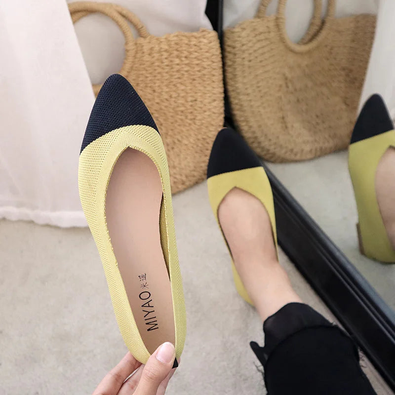 Women’s Ballet Flats Knits  Shoes Pointed Toe Patchwork Slip On Ballerina Walking Flats Shoes Woman