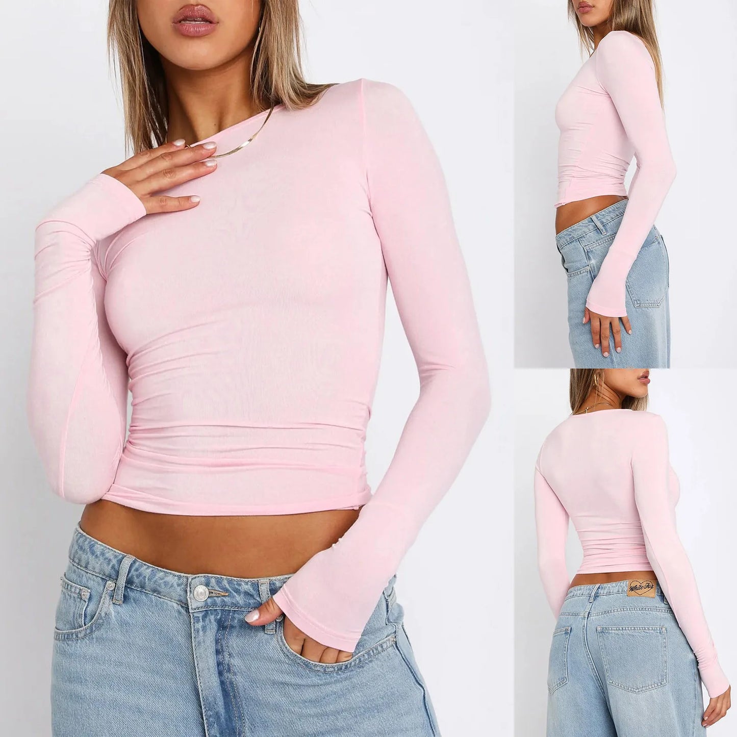 Pink Long Sleeve T-shirt Women 2024 Summer Cute White Crop Top Ladies Causal Sexy Slim O Neck Basic Tees Tshirt Y2k Top Clothes