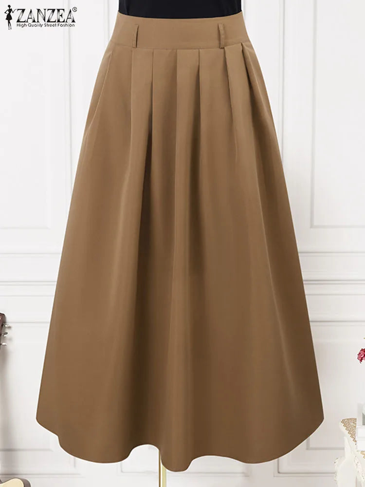 ZANZEA Women High Waist Jupe Korean Pleating Swing Skirt Vintage Fashion 2024 Spring Office Falda Holiday Loose Solid Long Skirt