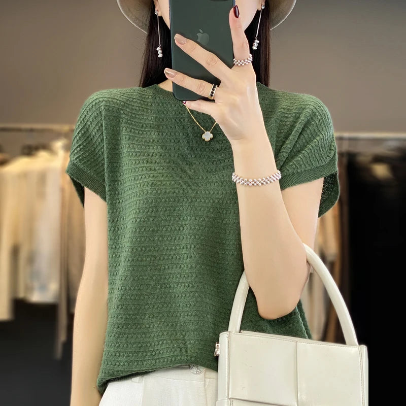 First-line ready-to-wear bat sleeve knitted ice silk short-sleeved T-shirt women's summer new loose fashion thin round neck shir