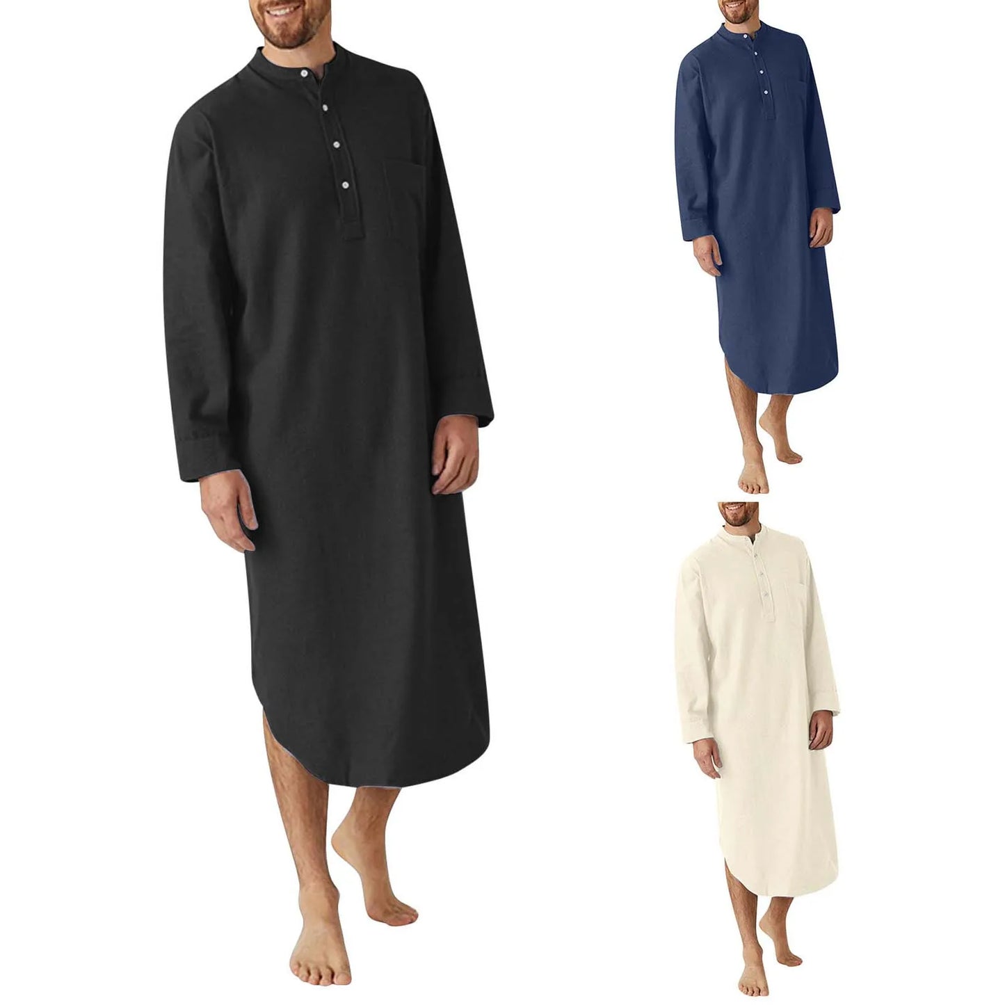 Men's Spring Autumn Arab Long Gown Thobe Robe Shirt Solid Long Sleeve Button Down Muslim Kaftan Burka Dress Loungewear Robes