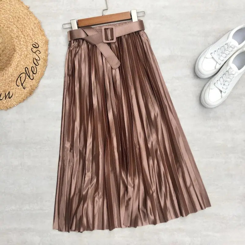 Seoulish 2023 New Solid Elegant Stain Women's Pleated Skirts with Belted High Waist Skirts Mi-long Umbrella Skirt Spring Summer