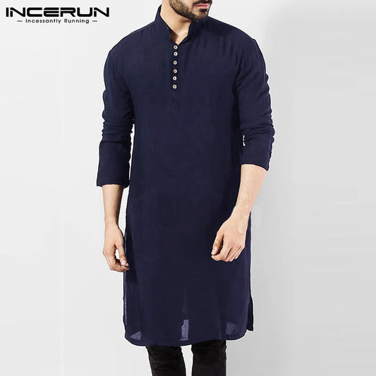 INCERUN Men Casual Shirt Cotton Long Sleeve Stand Collar Vintage Solid Stitched Long Tops Indian Clothes Pakistani Shirt S-5XL