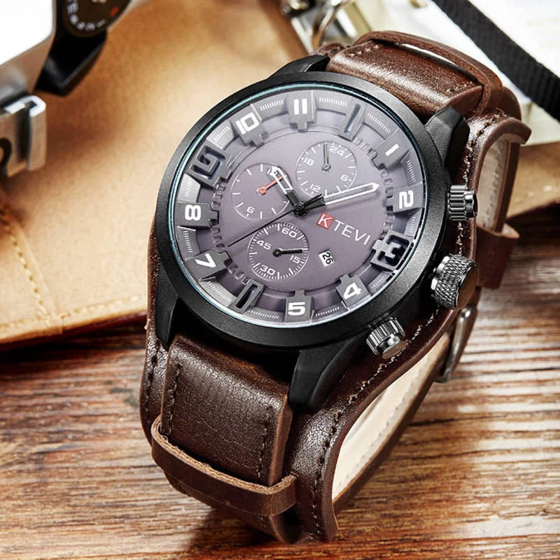 YIKAZE Luxury Business Men Quartz Watch Classic Retro Men's Watches  Big Dial Leather Strap Date Military Wristwatch for Man