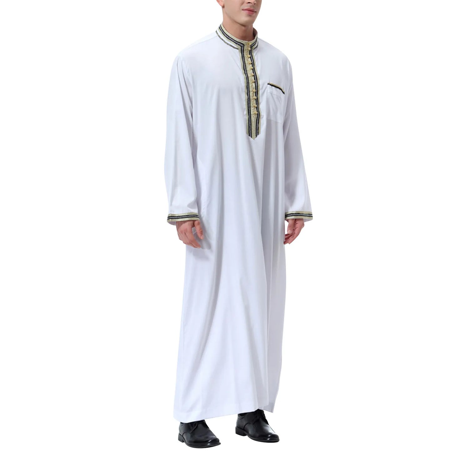 Muslim Men Jubba Thobe Solid Color Patchwork Robe Saudi Musulman Shirt Stand Collar Islamic Arabic Kaftan Men Abaya