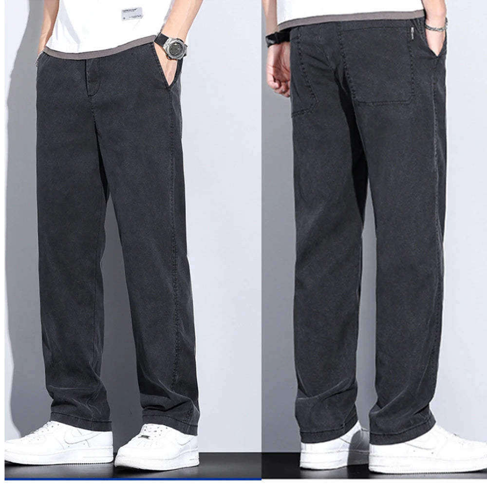 2024 Summer Thin Soft Lyocell Fabric Jeans Men Loose Straight Wide Leg Pants Elastic Waist Casual Trousers Plus Size M-5XL