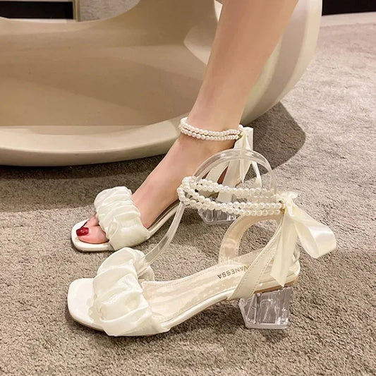 Comfort Shoes for Women Block Heels Pearl Sandals Med Suit Female Beige All-Match Chunky 2024 Girls Medium Clear Black Gladiator